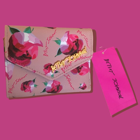 💋 Luv Betsey | Lana Flap Peachy Vegan Leather Wallet Pink Multi Rose 🌹 Pattern - Picture 2 of 9